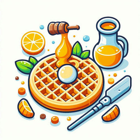 Vector illustration of waffle with honey, ice cream and orange juiceのイラスト素材