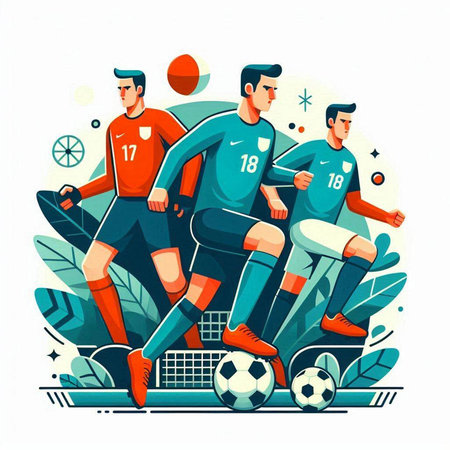Soccer players in action. Vector illustration in flat cartoon style.のイラスト素材