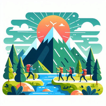 Hiking in the mountains. Vector illustration in flat design style.のイラスト素材