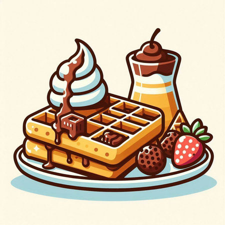 Belgian waffles with ice cream and strawberry. Vector illustration.のイラスト素材
