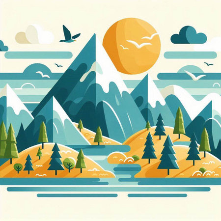 Landscape with mountains, lake and forest. Vector illustration in flat styleのイラスト素材
