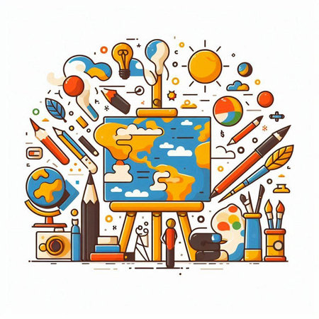Colorful vector illustration of an artist's palette with paints, brushes, pencils and other art supplies. Art concept.のイラスト素材