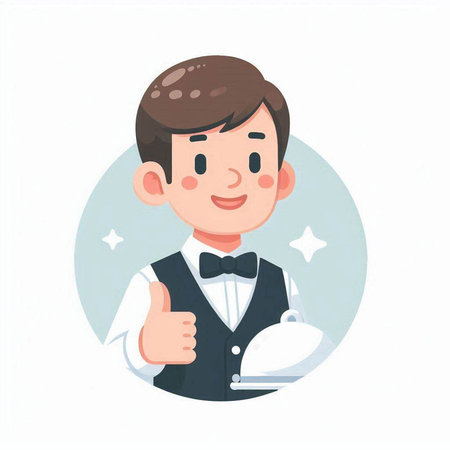 Illustration of a waiter holding a tray of food and showing thumbs upのイラスト素材