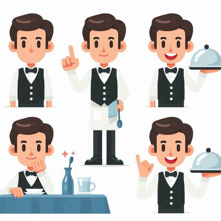 Set of waiter and restaurant staff characters. Vector illustration in cartoon style.のイラスト素材