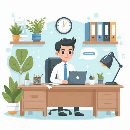 Businessman working in office. Vector illustration in flat cartoon style.のイラスト素材