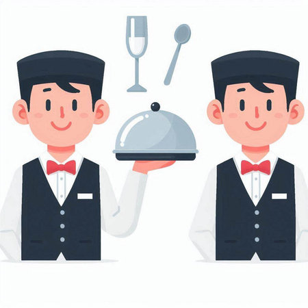 Vector illustration of a waiter holding a tray and serving a customer.のイラスト素材