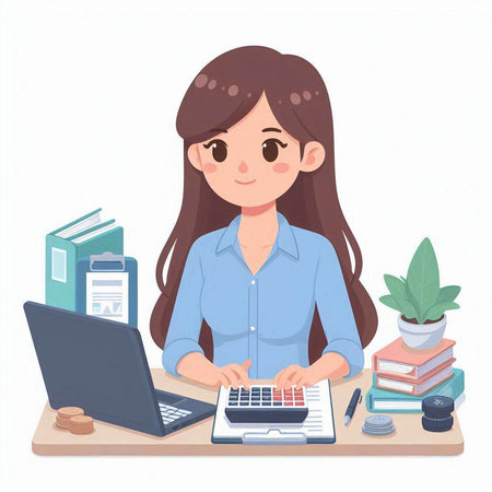 Young woman working at home with laptop and documents. Vector illustration.のイラスト素材