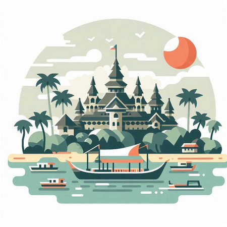 Landscape of Thailand. Vector illustration in flat style. Traveling by boat.のイラスト素材