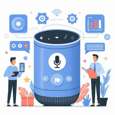 Smart speaker concept with people characters. Vector illustration in flat style.のイラスト素材