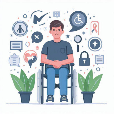 Disabled man in wheelchair. Vector illustration in flat cartoon style.のイラスト素材