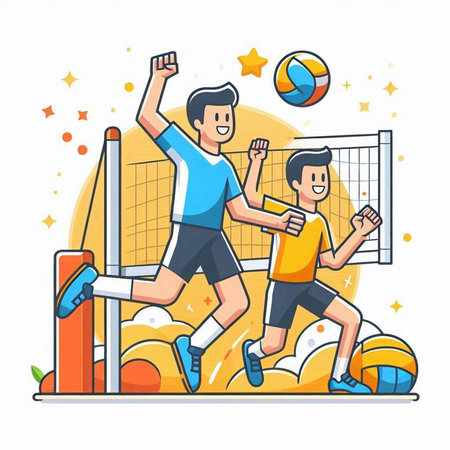 Volleyball players flat vector illustration. Boy and girl in sportswear playing game with ball.のイラスト素材