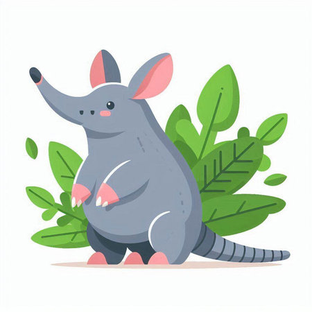 Cute grey rat with green leaves. Vector illustration in cartoon style.のイラスト素材