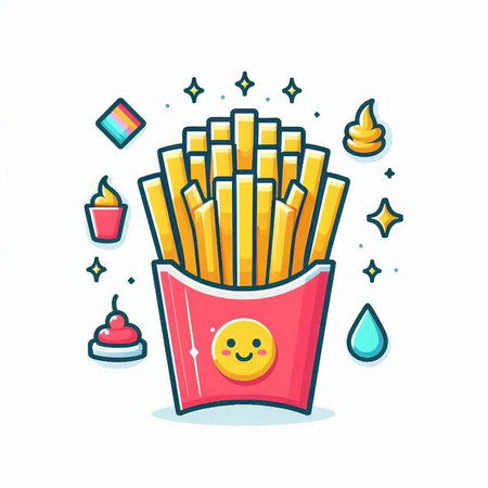 French fries in paper box. Fast food icon. Vector illustration.のイラスト素材