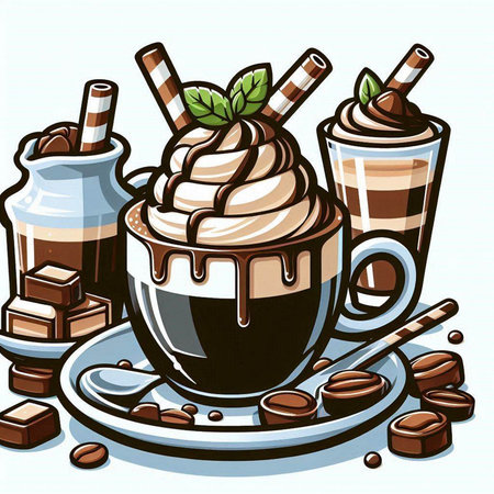 Illustration of a cup of coffee with whipped cream, chocolate and cocoa beansのイラスト素材