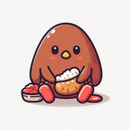 Cute chocolate penguin character with rice bowl. Vector illustration.のイラスト素材