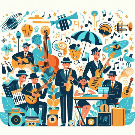 Musical instruments and musicians. Vector illustration in flat cartoon style.のイラスト素材