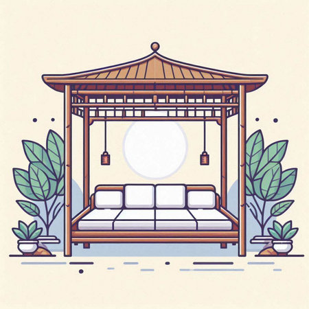 Wooden gazebo in the garden. Vector illustration.のイラスト素材
