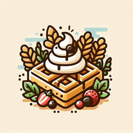 Waffle with whipped cream and berries. Vector illustration in cartoon style.のイラスト素材