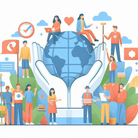 People holding hands around the world. Vector illustration in flat style.のイラスト素材