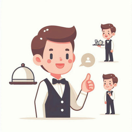 Waiter holding a tray and showing thumbs up. Vector illustration.のイラスト素材