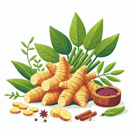 Ginger root with leaves and spices isolated on white background. Vector illustration.のイラスト素材