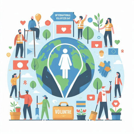 Volunteers help the world. Flat vector illustration. The concept of charity, volunteer work.のイラスト素材