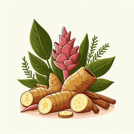 Illustration of Ginger root with leaves and flower. Vector illustration.のイラスト素材