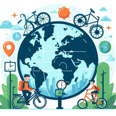 Vector illustration of a man riding a bicycle around the world. Flat style designのイラスト素材