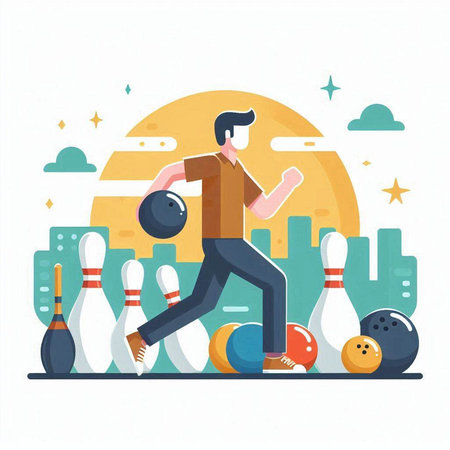 Young man playing bowling. Vector illustration in flat cartoon style. Sport and recreation.のイラスト素材