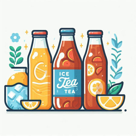 Vector illustration of lemonade bottles with lemonade and ice cubes in flat style.のイラスト素材