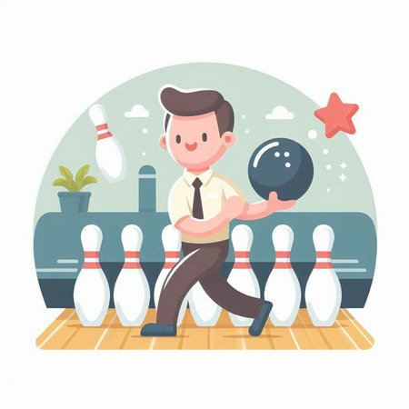 Cartoon businessman playing bowling. Vector illustration in a flat style.のイラスト素材
