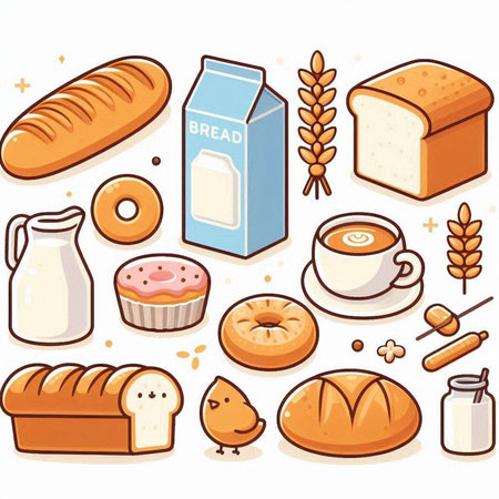 Illustration of a set of bread, milk and bakery products.のイラスト素材