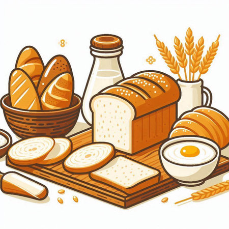 Bread and bakery products on a white background. Vector illustration.のイラスト素材