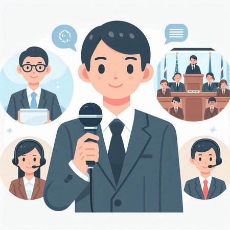 Businessman with microphone in conference room. Vector illustration in flat style.のイラスト素材