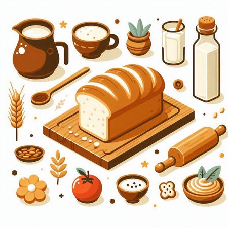 Vector illustration of various types of bread on the wooden cutting board.のイラスト素材