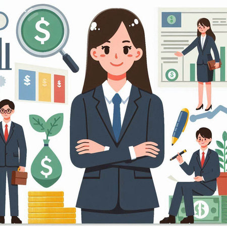 Business woman in a business suit and a lot of money. Vector illustration.のイラスト素材