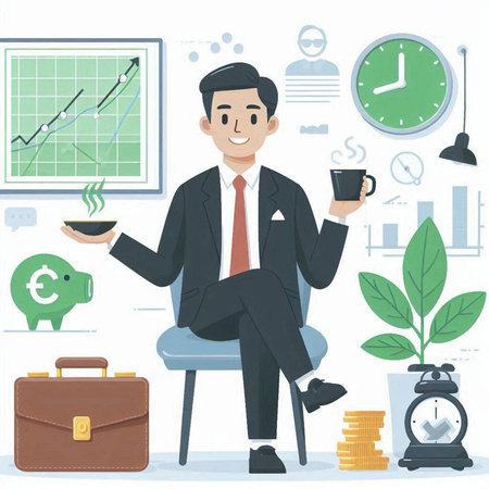 Businessman sitting on chair in office. Vector illustration in flat styleのイラスト素材