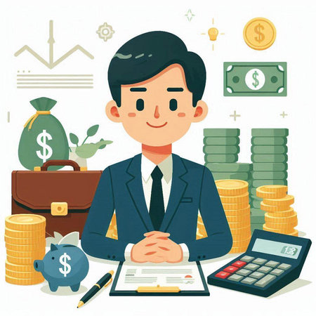Businessman sitting at office desk with money. Vector illustration in flat style.のイラスト素材