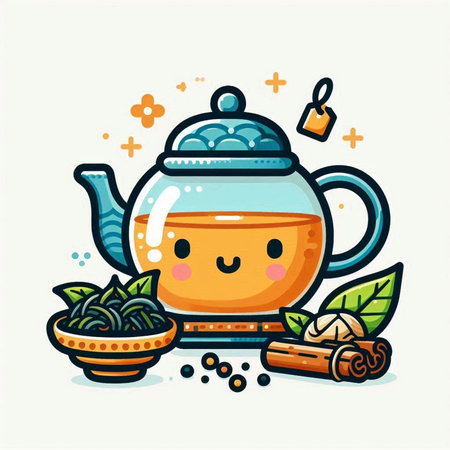 Cute tea cup and teapot. Vector cartoon illustration.のイラスト素材