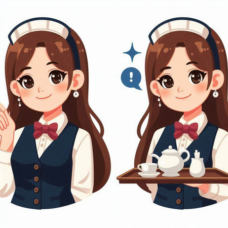 Beautiful waitress with tray and cup of coffee. Vector illustration.のイラスト素材