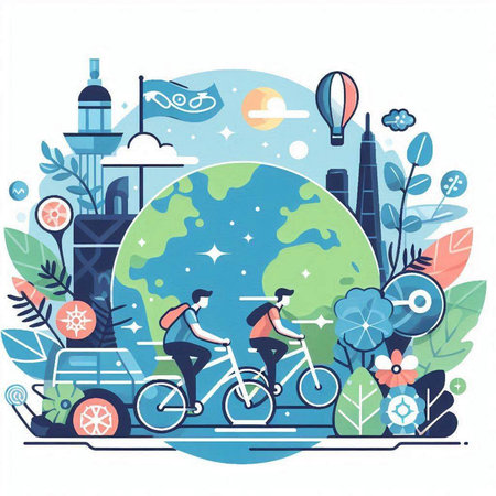 Traveling around the world by bicycle. Vector illustration in flat style.のイラスト素材