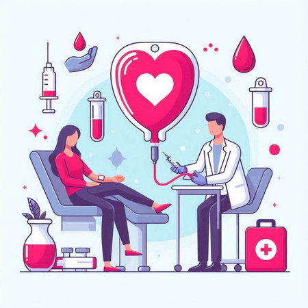 Blood Donation Concept. Doctor Giving Blood Donation to Patient. Vector Illustrationのイラスト素材