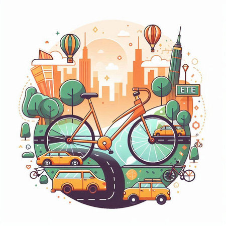 City landscape with bicycle, cars, trees and buildings. Vector illustrationのイラスト素材