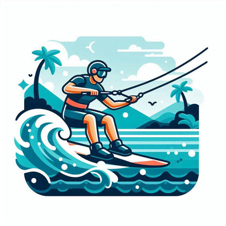 Water sport vector illustration. Man surfing on the waves. Water sport.のイラスト素材