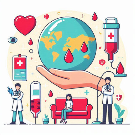 Hand holding Earth globe with medical icons. Vector illustration in flat styleのイラスト素材