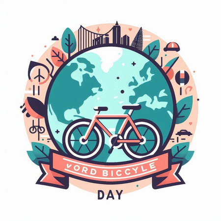 World Bicycle Day banner with bicycle, earth globe and cityscape. Vector illustration.のイラスト素材