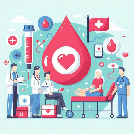 Blood donation concept. Vector illustration in flat style. Donor, doctor, nurse, patient.のイラスト素材