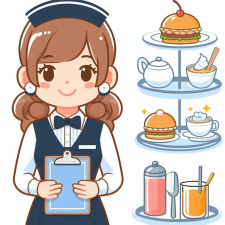 Illustration of a Waitress Holding a Clipboard and a Clipboardのイラスト素材