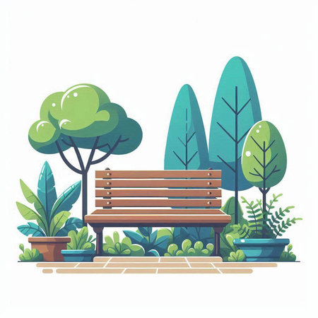 Wooden bench in the park with trees and bushes. Vector illustration.のイラスト素材
