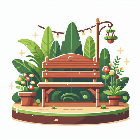 Wooden bench in the garden. Flat style. Vector illustration.のイラスト素材